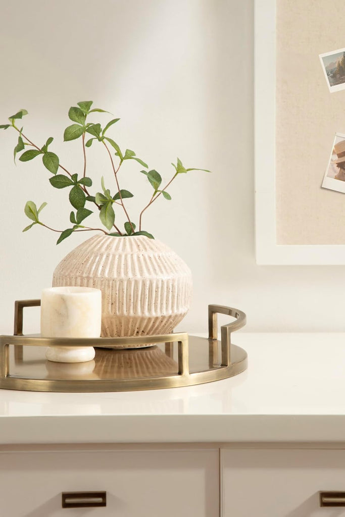 Gohana Round Tray with Metal Handles; 16 Inch Diameter; Antique Brass; Modern Glam Serving Tray with Handles for Use