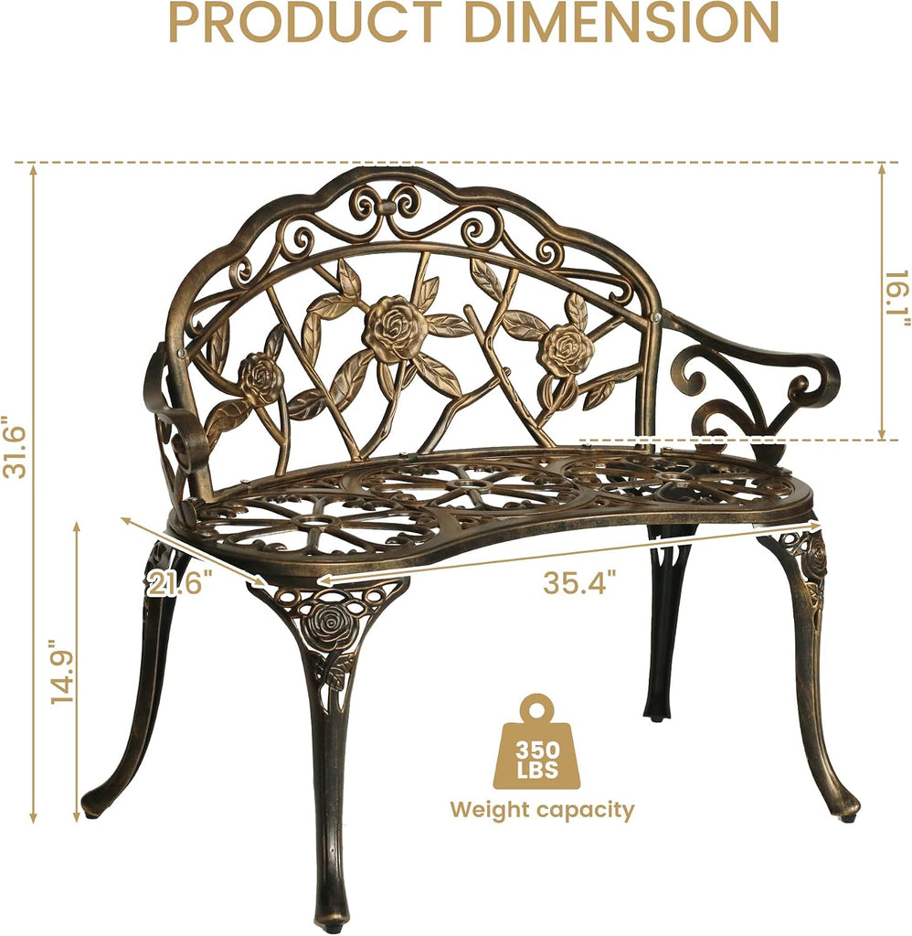 Cast Aluminum Garden Bench, Patio Bench Bronze | Antique Floral; Durable Weather Resistant Finish; Elegant Rose