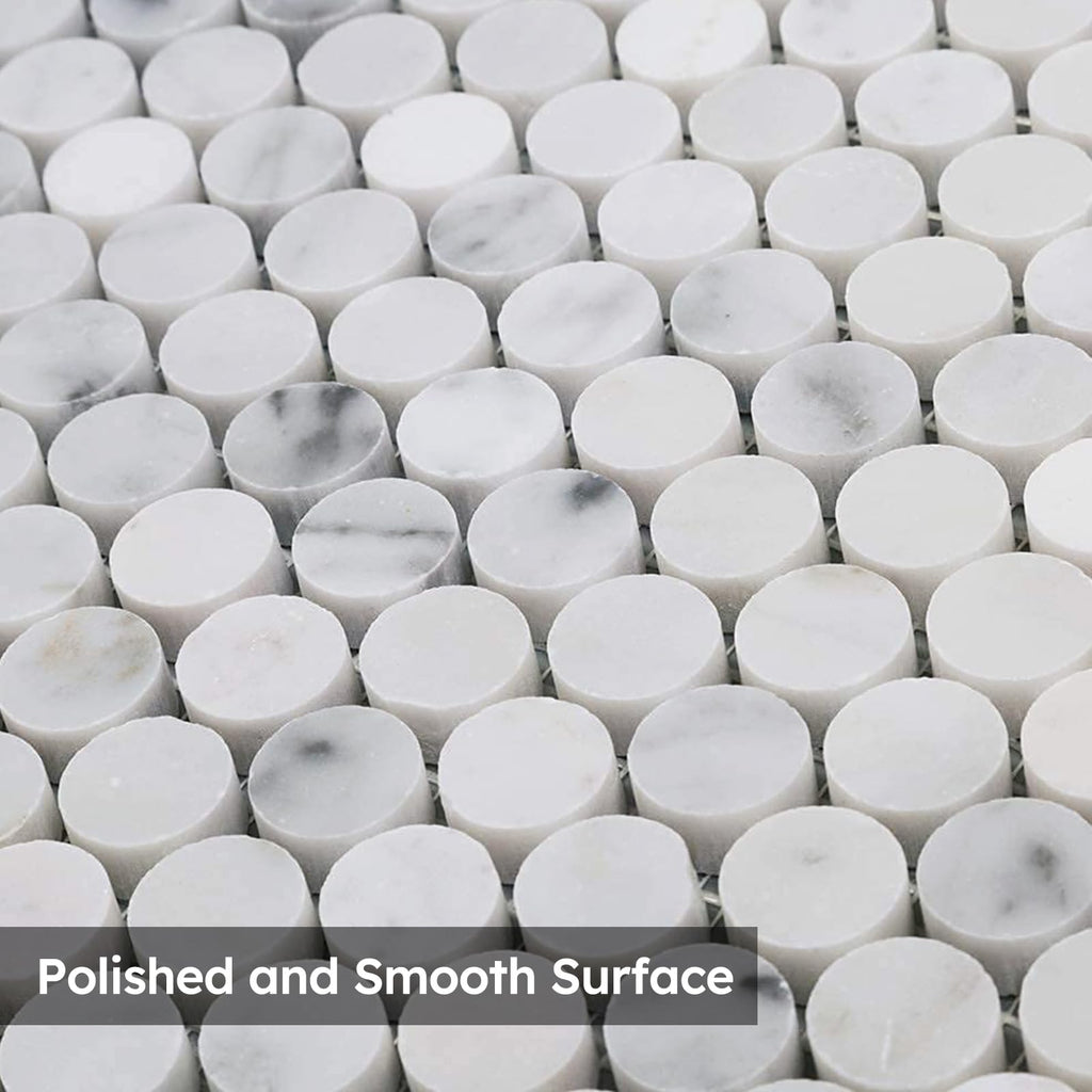White Marble Mosaic Tile, 3/4 Inch Penny Round, Polished, 5 Sheets