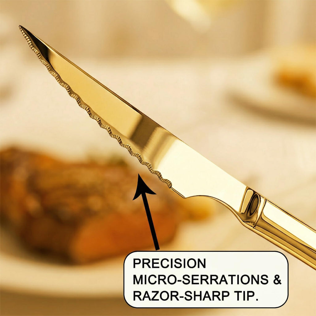 Gold Steak Knives, Ultra-Sharp Stainless Steel Cutlery Set, Dinner Knifes 6-Piece Stainless Steel kitchen Serrated Best
