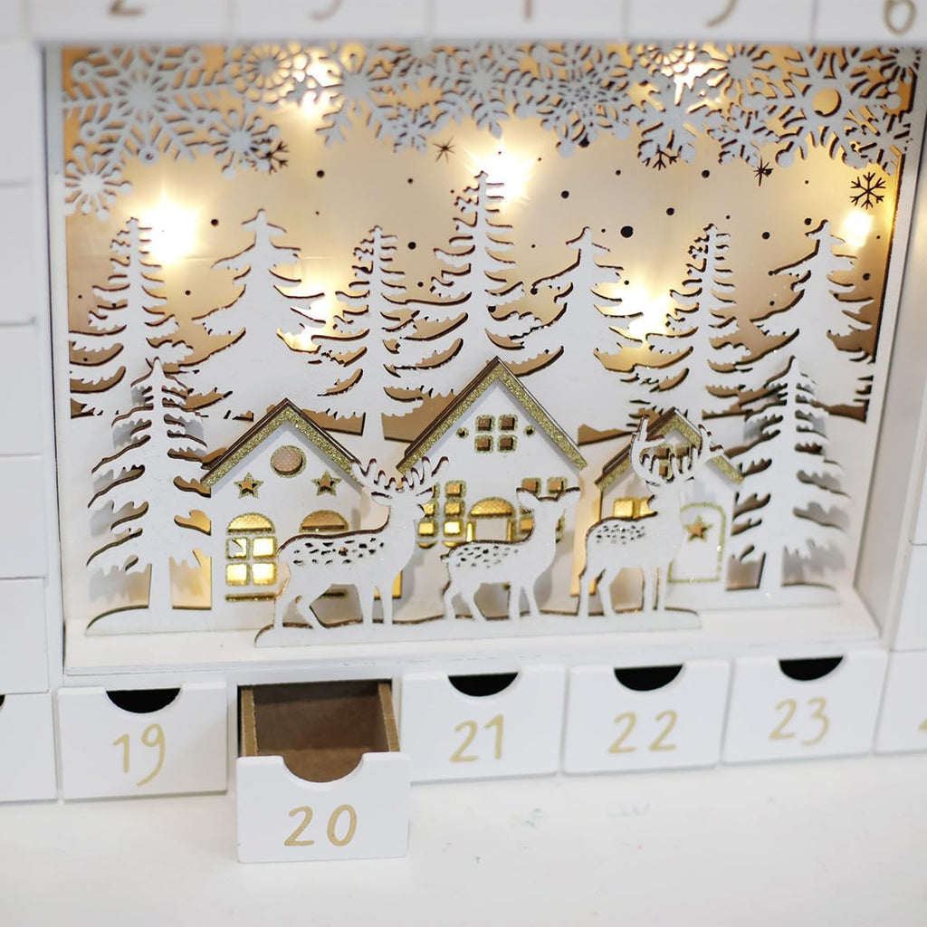 Christmas Wooden Advent Calendar with 24 Drawers to Fill Small Gifts Christmas Scene with LED Lights Countdown to
