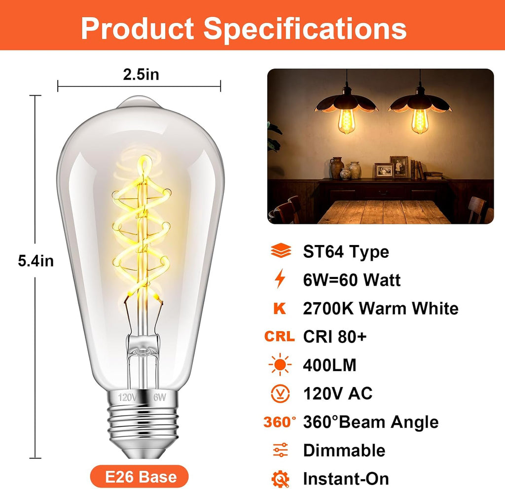 ST64 Edison Bulb E26 Dimmable, 6W Vintage LED Warm Light Bulbs