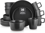Celina Stoneware 16 Piece Modern Dinnerware Set, Plates and Bowls, Black Matte, Service for 4