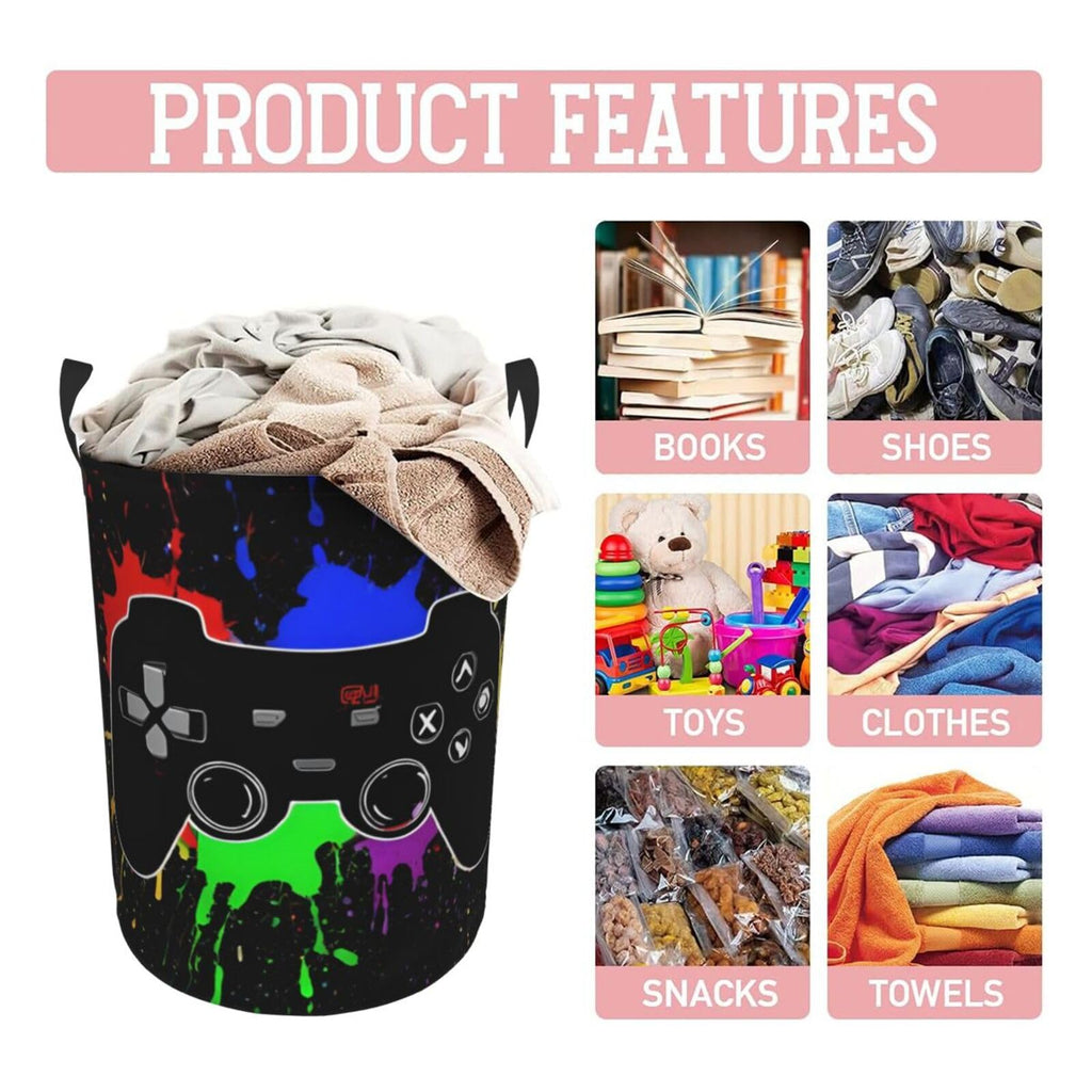 62l Round Laundry Hamper Game Joystick Storage Basket Waterproof Coating Organizer Bin Clothes Toys