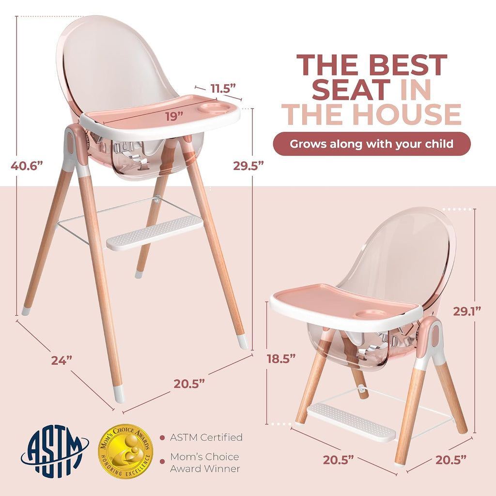 Classic Non-Reclinable 6 in 1 Baby High Chair for Babies and Toddlers, Modern Safe & Compact wooden Highchair, Easy