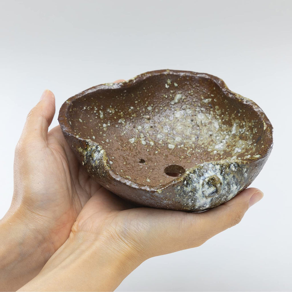 Shigaraki Leaf Bonsai Pot 5.9in, Handmade Japanese Pot, Red Brown