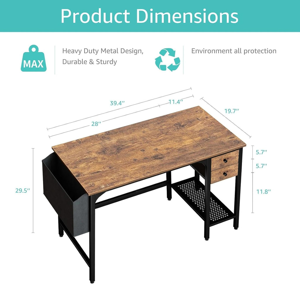 Computer Desk with Drawers - 40 Inch Work Reversible Small Desk Home Office, Simple Study Writing Table PC Desks