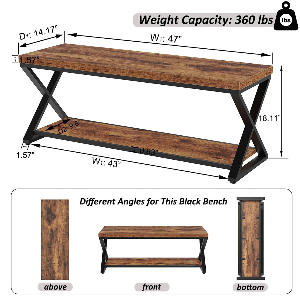 Rustic Entryway Bench with Storage, Rustic Brown Wood and Metal Bench