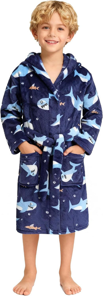 Boys Fleece Robe Kids Hooded Bathrobe Plush Soft Fuzzy Bathrobe for Children