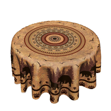 Rustic Bear Round Tablecloth 60 Inch Vintage Wildlife Animal Paw Circle Table Cover Boho Ethnic Country Style Stain