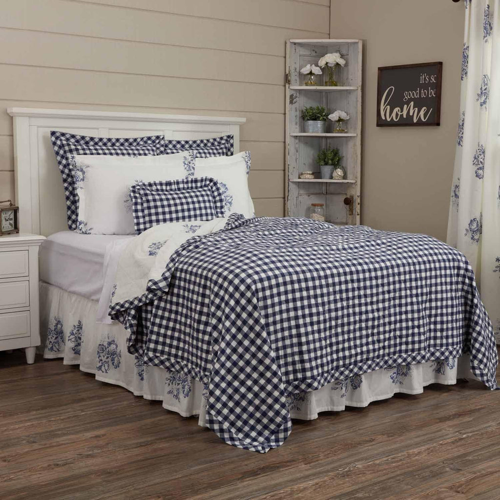 Lydia Blue King Size Bed Skirt 80" L x 78" W, 16" Drop, Split Corners, Vintage Farmhouse, Floral Dust Ruffle
