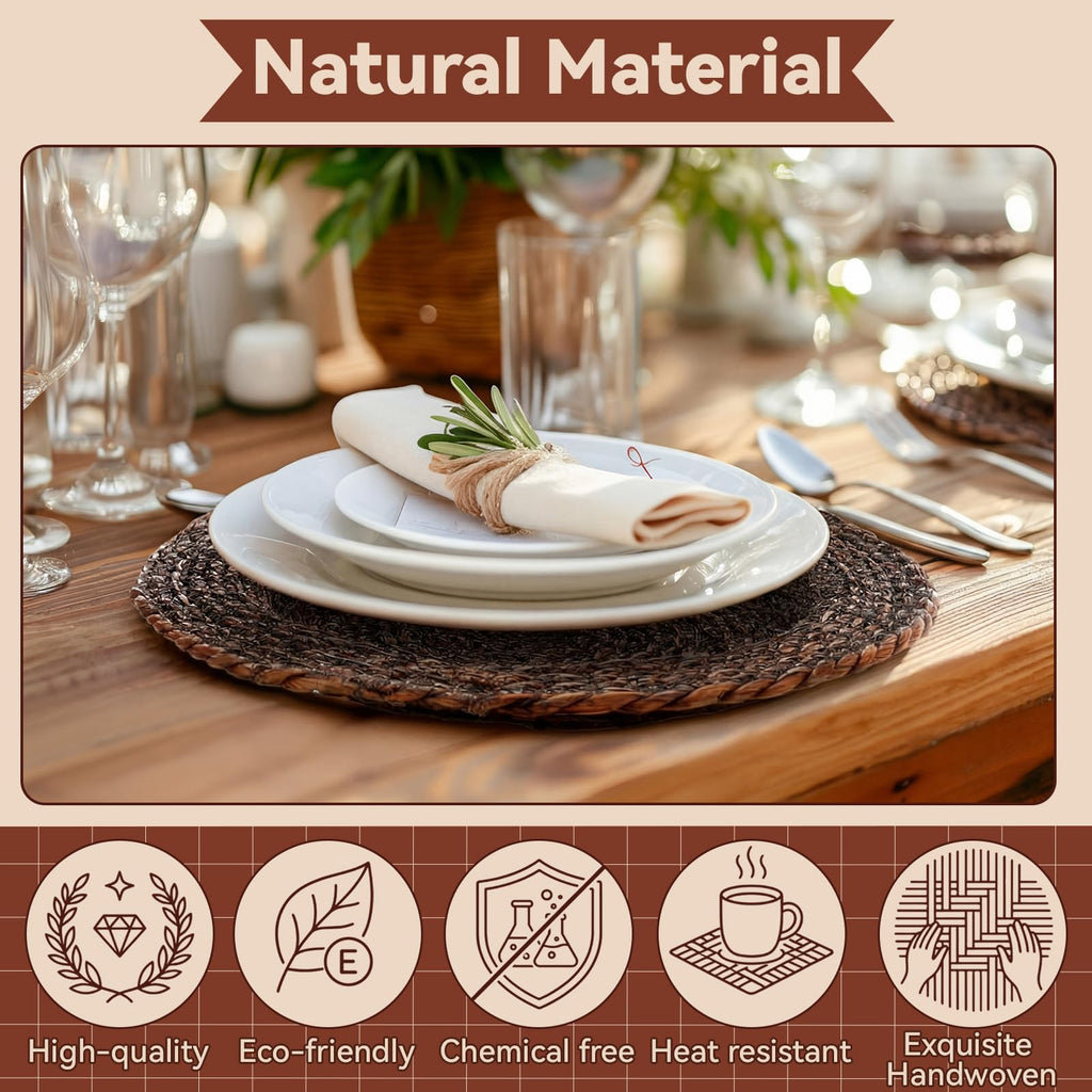 13 Inch Boho Placemats Set of 6 Large Round Farmhouse Chargers Plate Mats Cattail Weave Woven Table Mats for Dining