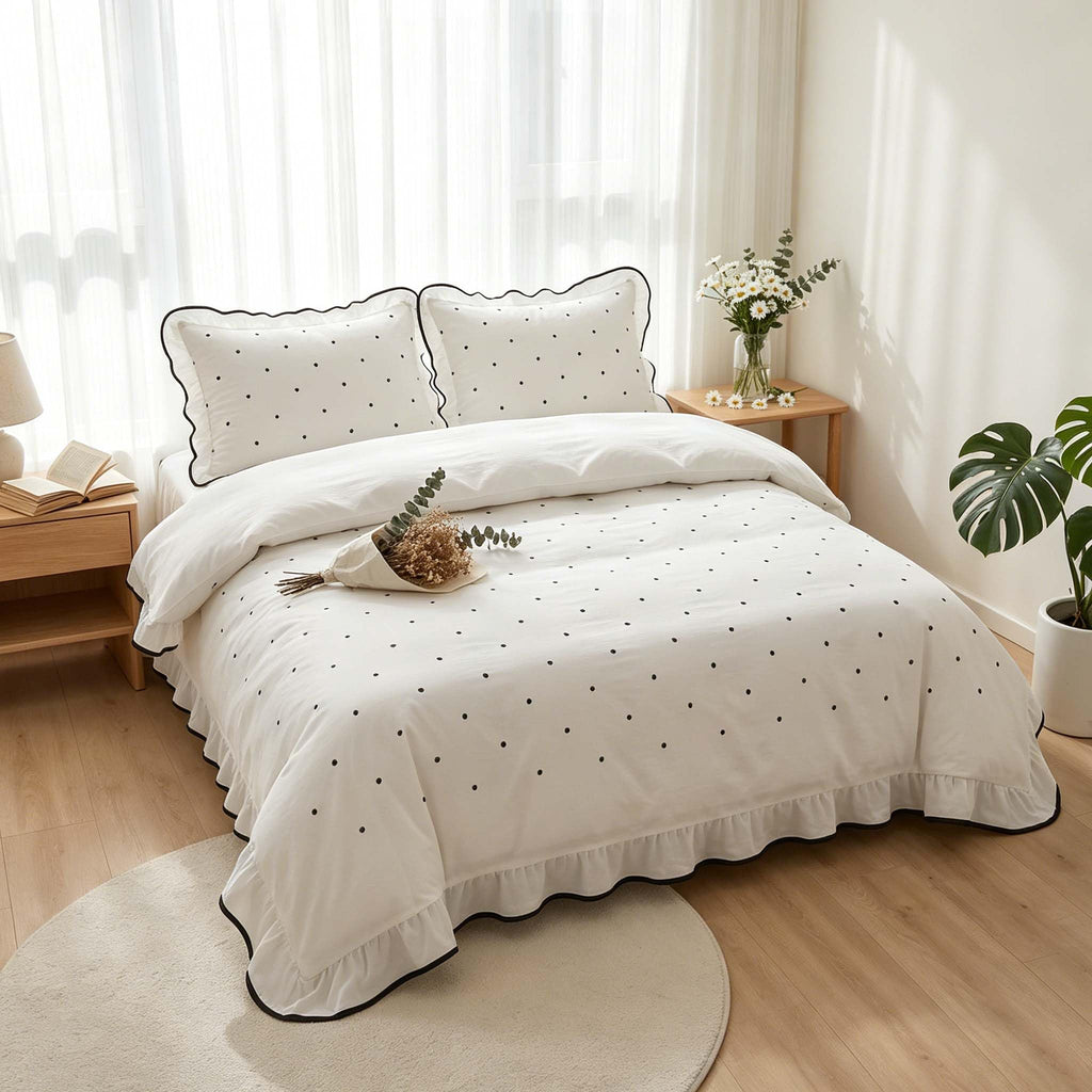 Polka Dot Duvet Cover Elegant White Ruffle Bedding Set