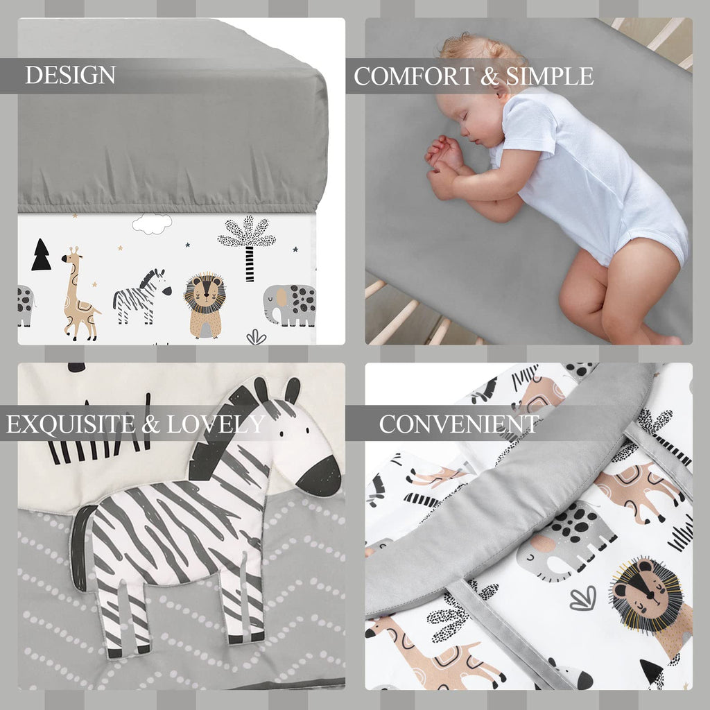 4 Piece Safari Animal Crib Bedding Set with Skirt Blanket Sheet