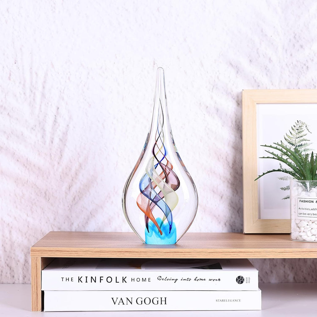Blown glass sculpture, multi-color transparent glass art teardrop statue, unique ocean theme decoration, bookshelf - Set of 2