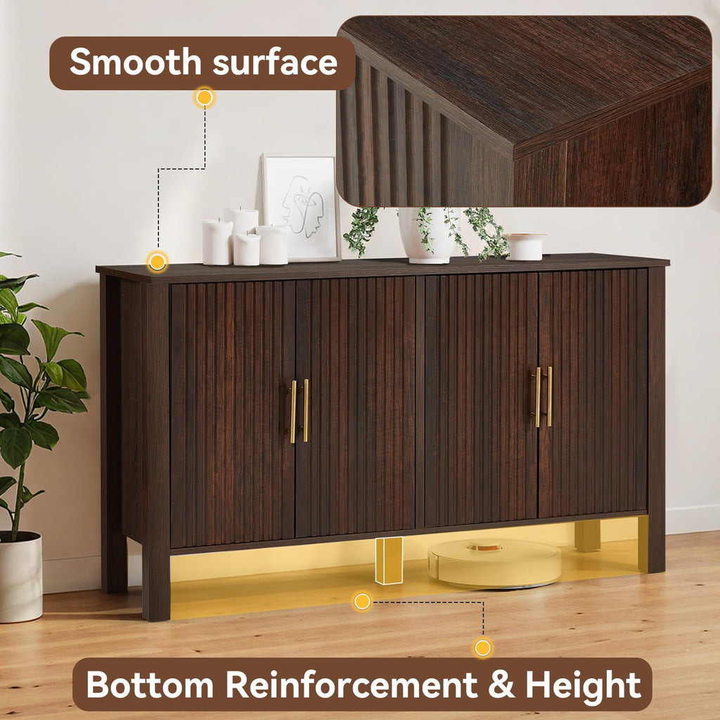 Brown Mid-Century 4-Door Fluted Buffet Cabinet with Storage