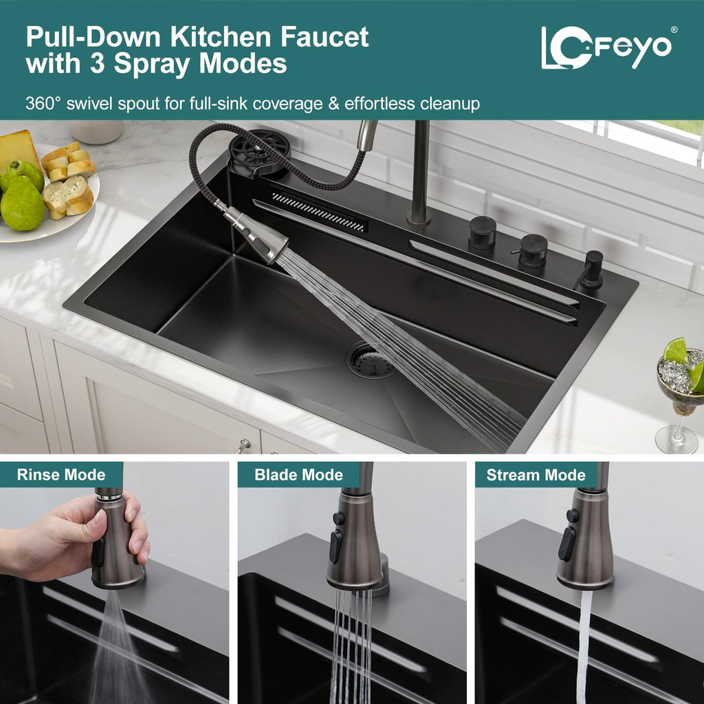33 inch Waterfall Drop Sink Workstation with Faucet - 33x22 Black 16 Gauge Stainless Steel, Topmount Single Bowl