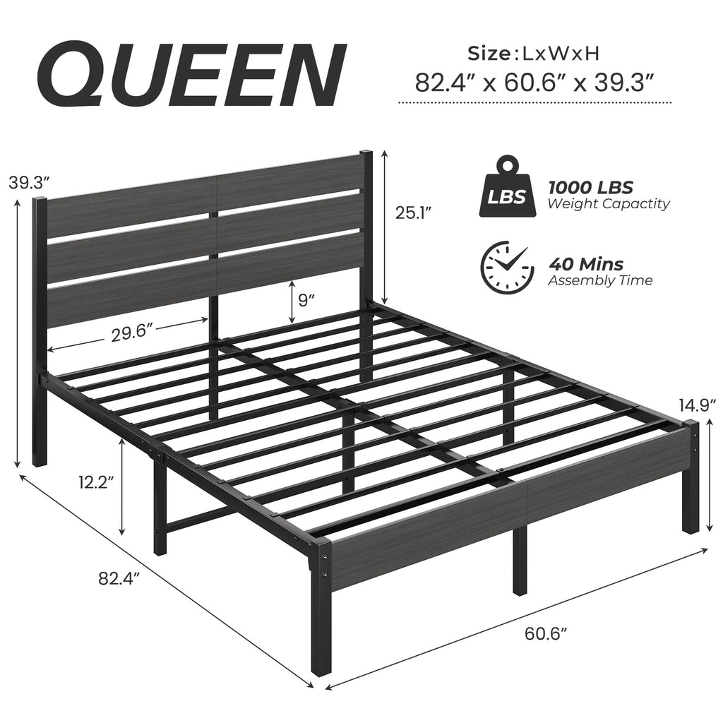 Queen Bed Frame with Headboard and Footboard, Metal Platform Bed with Under Bed Storage, All-Metal Support, No Box
