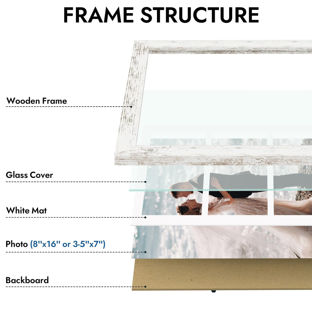 8x16 Picture Frame, Collage Three 5x7 with Mat, Real Glass, 1 Pack