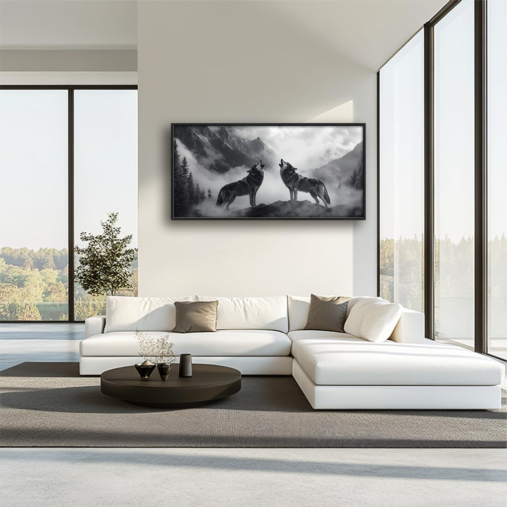 Wolf Wall Art Black And White Mountains Wall Decor Large Size Misty Forest Canvas Painting Pictures Prints Framed