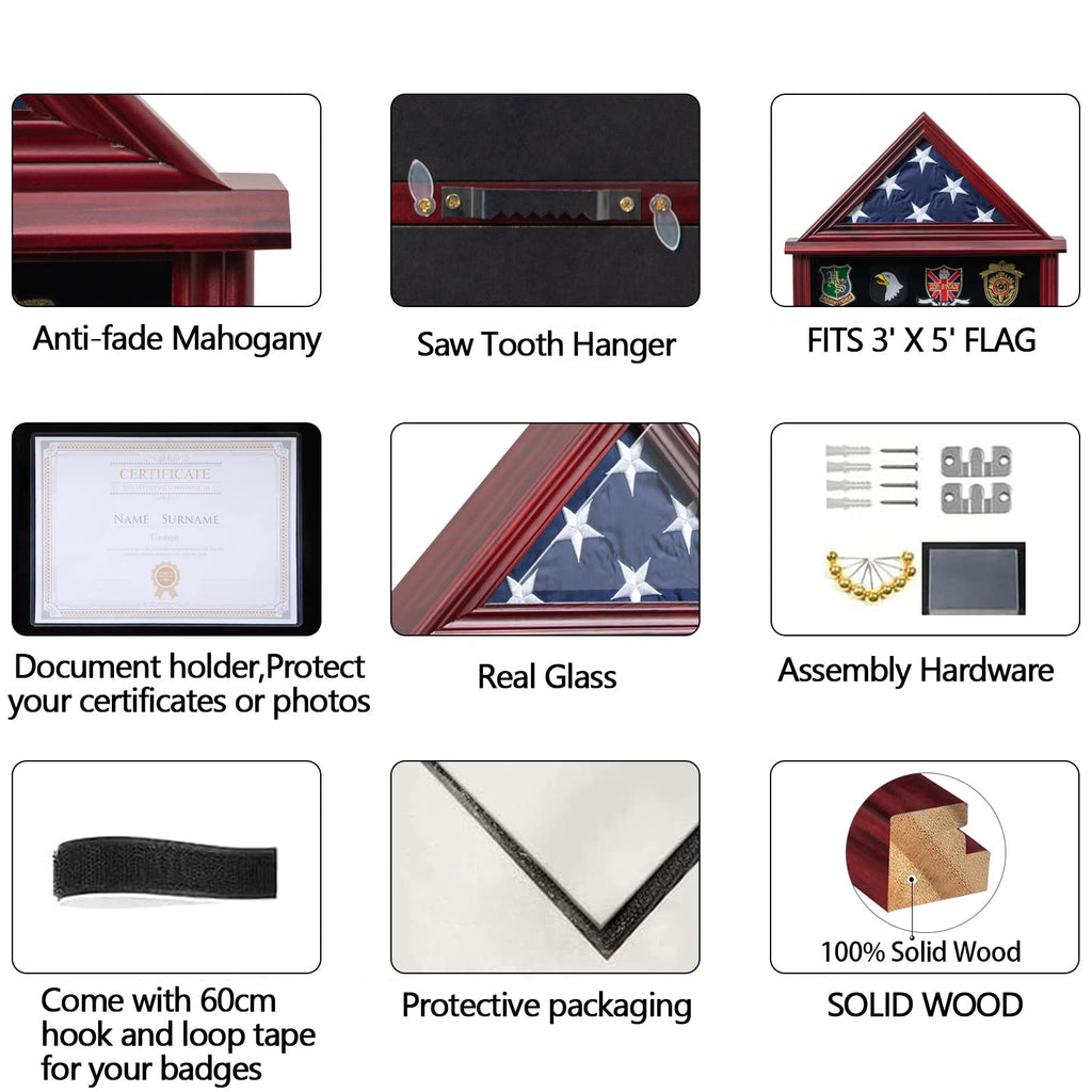 Small Military Shadow Box with Flag Display Case, Mahogany Finish
