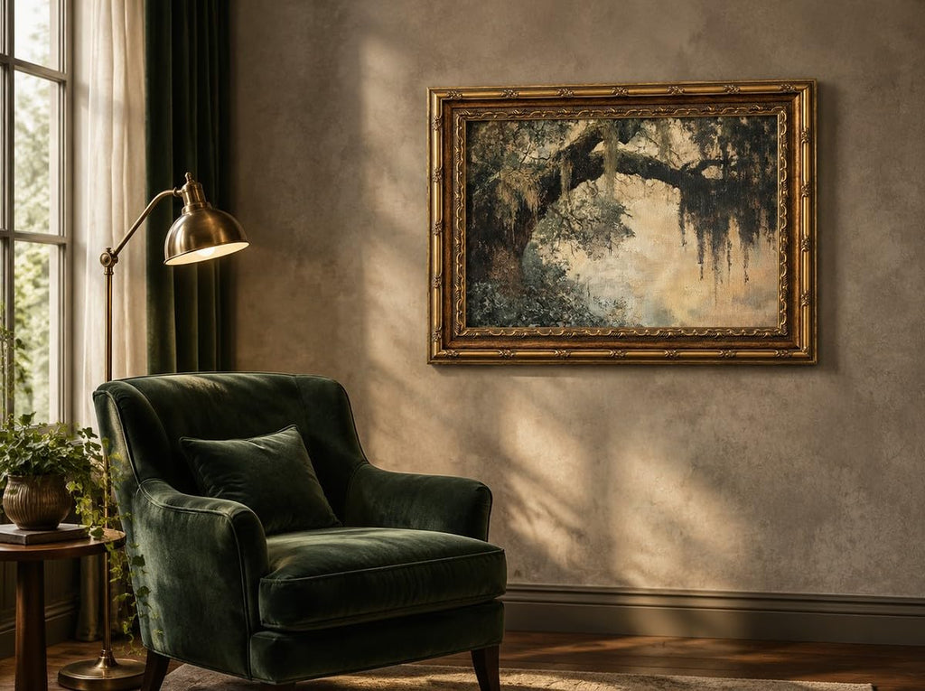 Vintage Gold Framed Vintage Oak Tree Wall Art Retro Landscape Canvas Wall Decor Oak Tree Moss Artwork Picture Retro