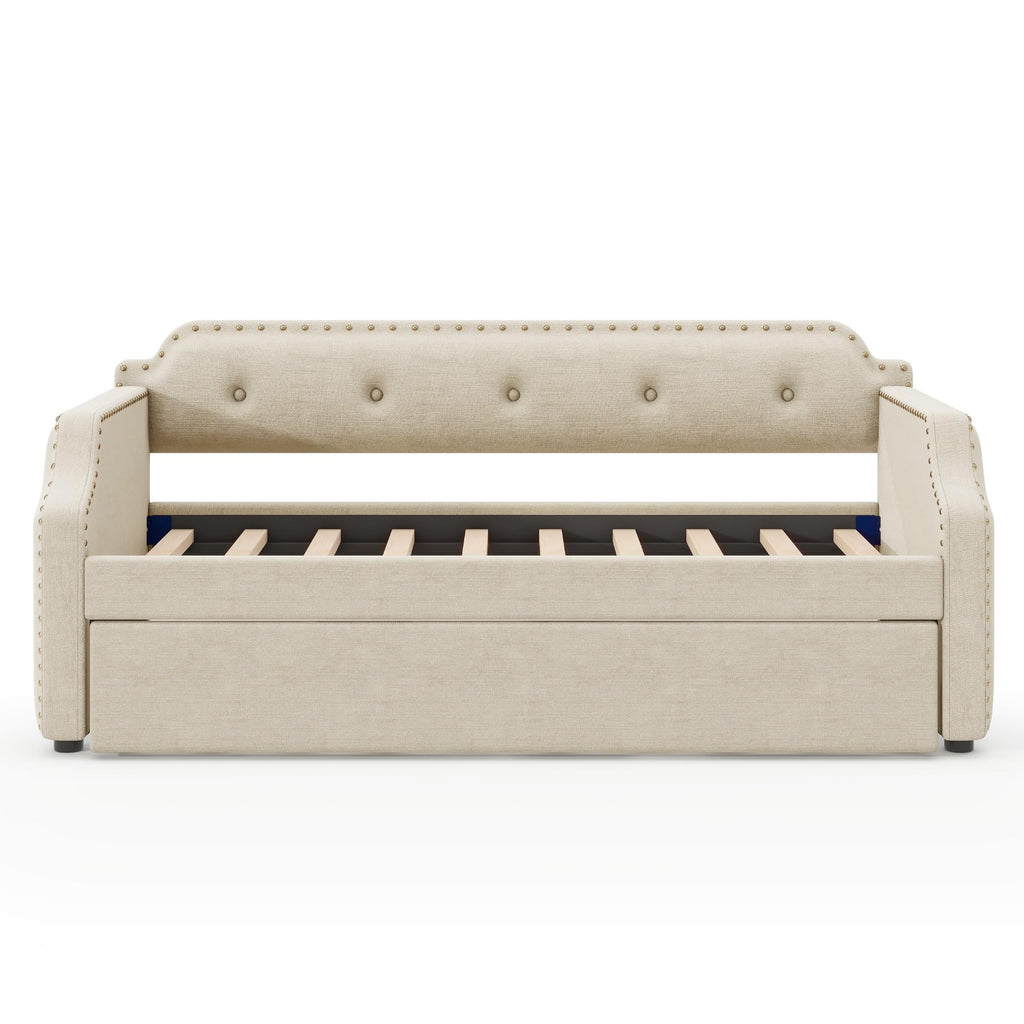 Twin Size Daybed with Trundle, Upholstered DayBed and A Trundle, Modern Tufted Sofa Bed Linen Fabric Daybed, Solid
