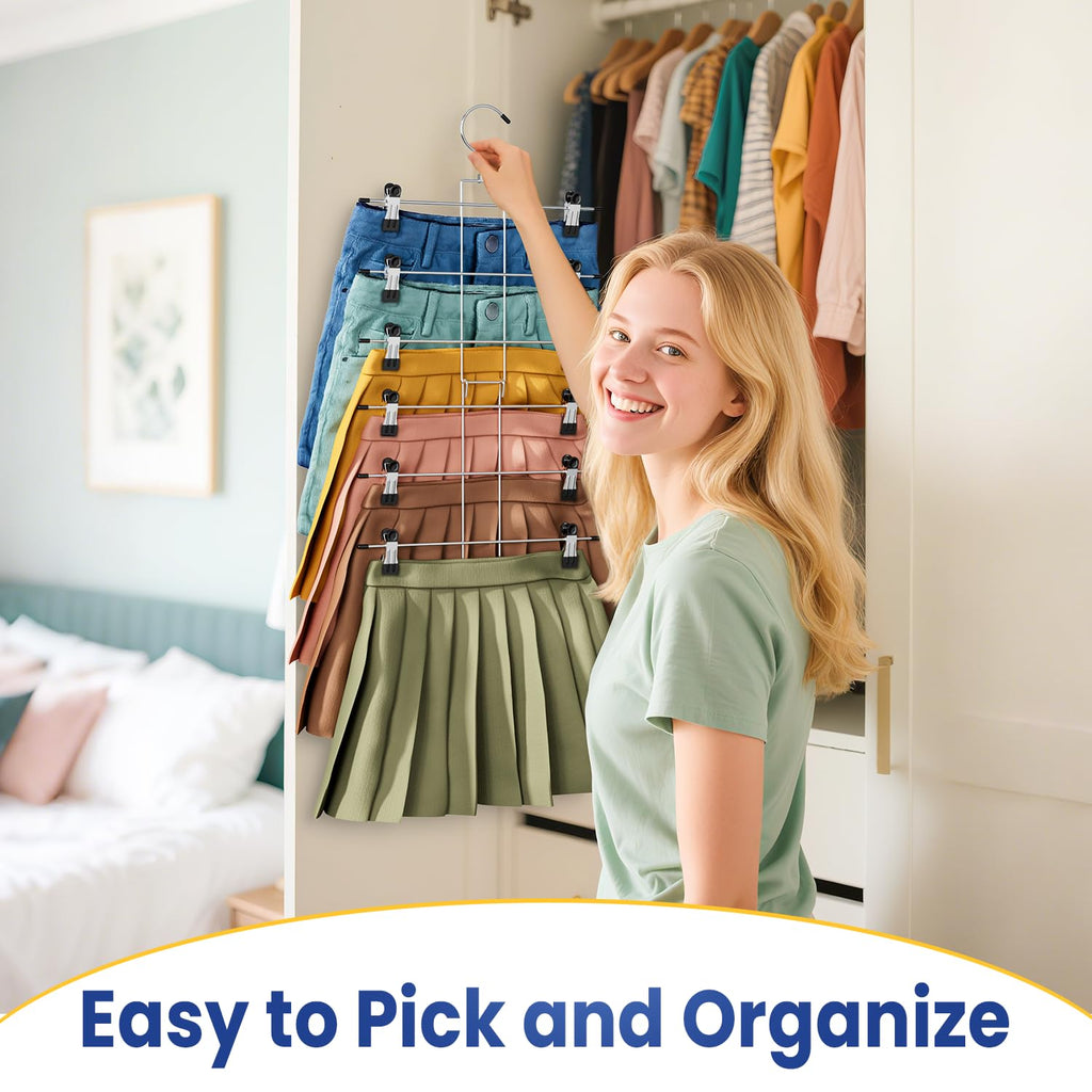 Skirt Pants Hangers with Clips Space Saving Hanging Closet Organizer 6 Tiers Hanger with 360° Swivel Hook