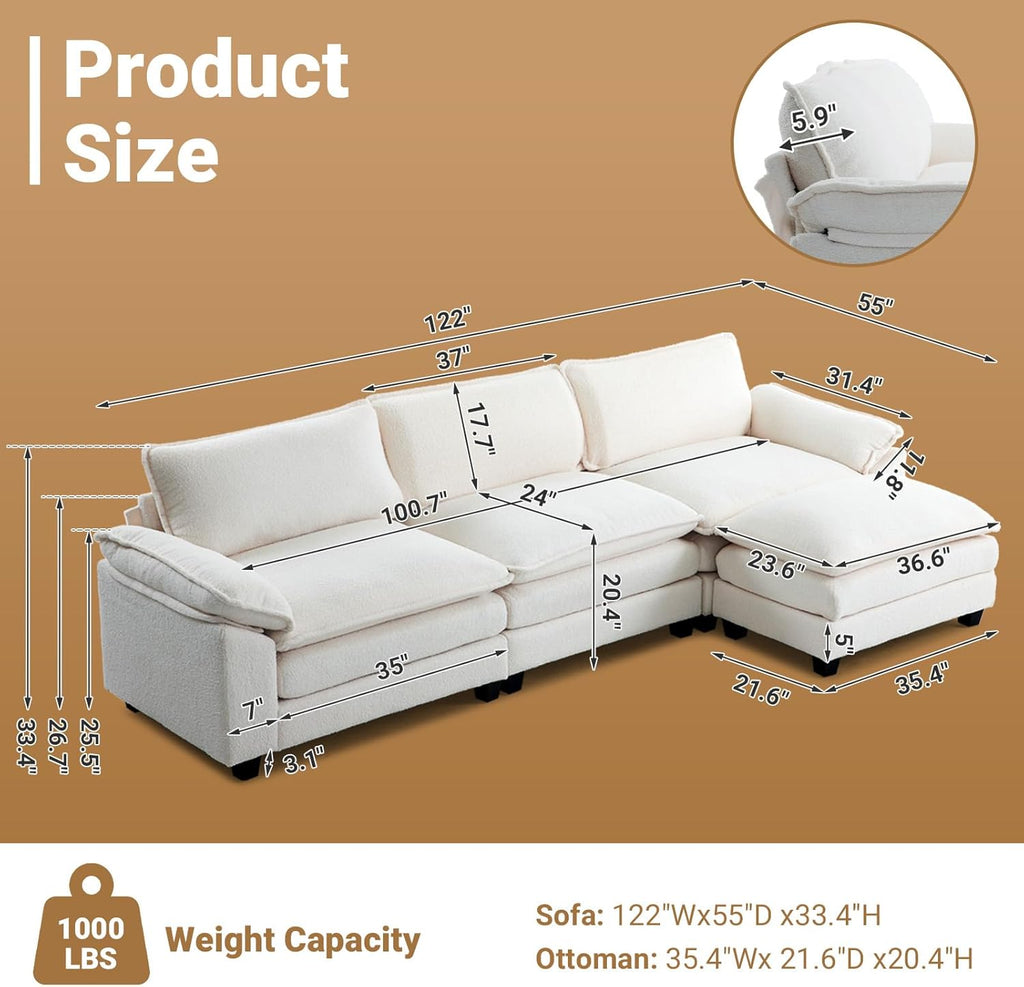 122" Cloud Teddy White Convertible Sectional Sofa