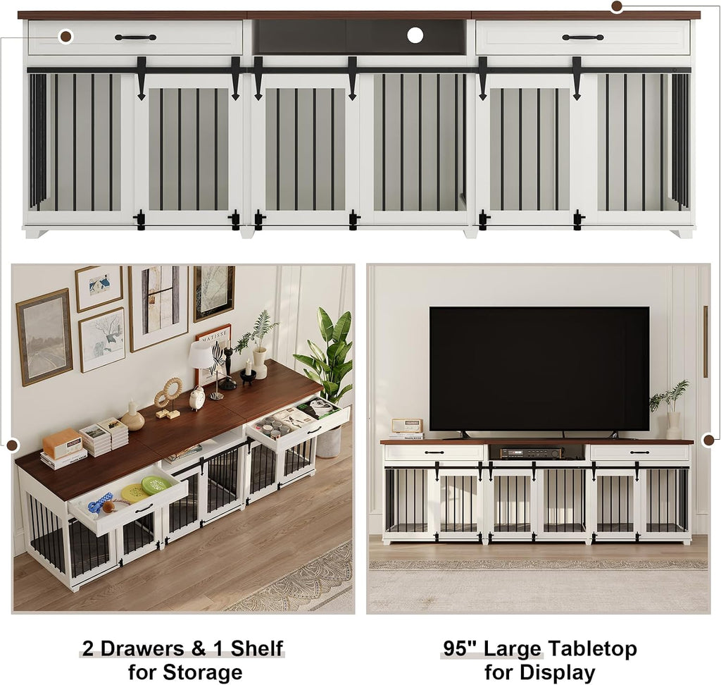 Dog Crate Furniture - Indoor Wooden Farmhouse Large Dog Kennel Fureniture for 3 Dogs, with Sliding Barn Doors, 2
