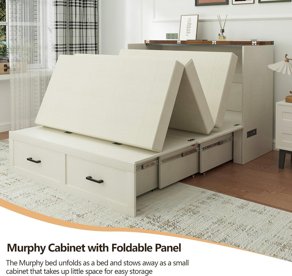 Murphy Bed, Queen Farmhouse Cabinet with Charging & Storage, Rustic White