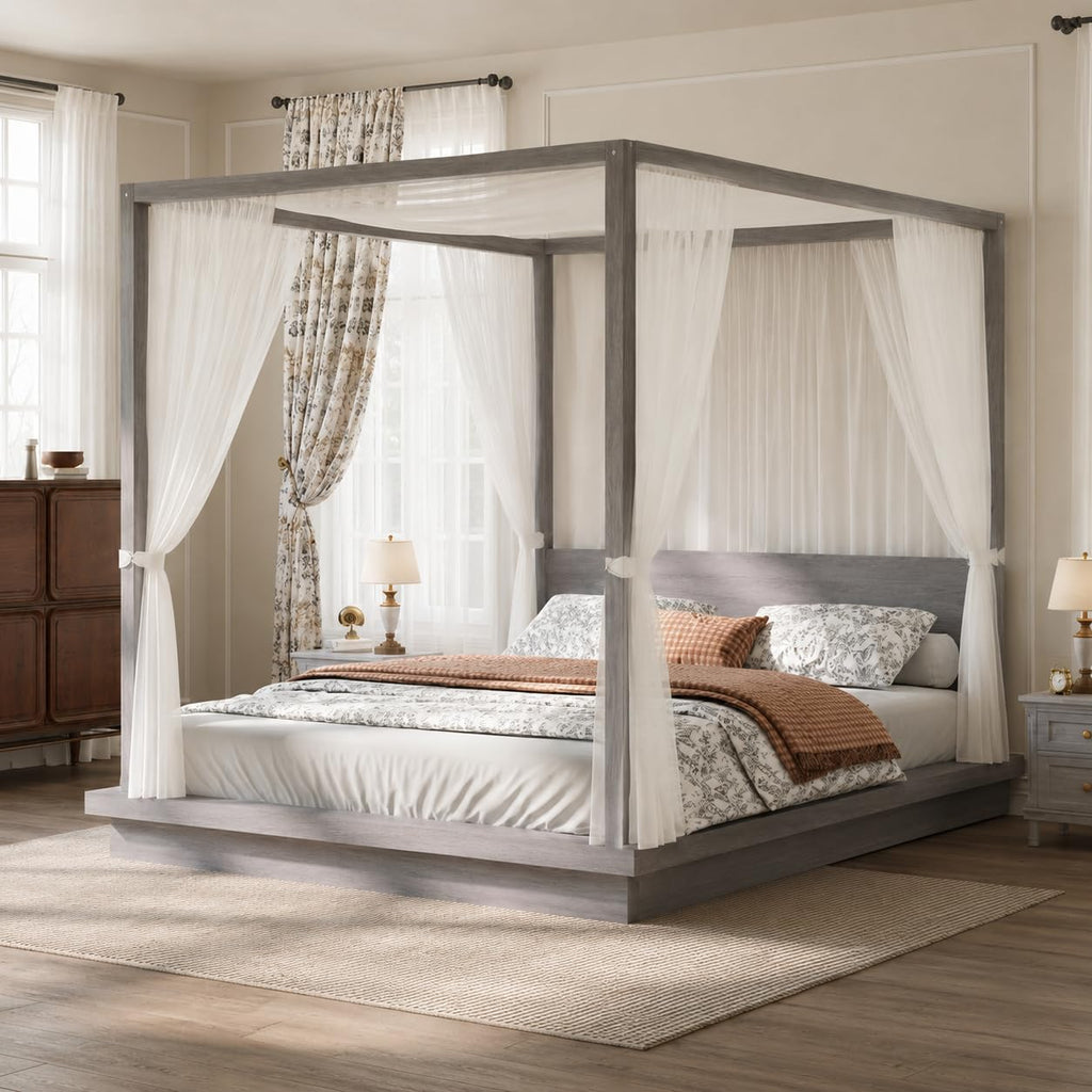 Wooden Canopy Bed Frame Gray Vintage Rustic