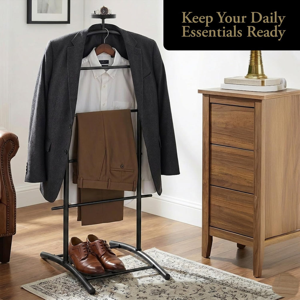 Freestanding Metal Suit Valet Stand with Tie Bar, Black