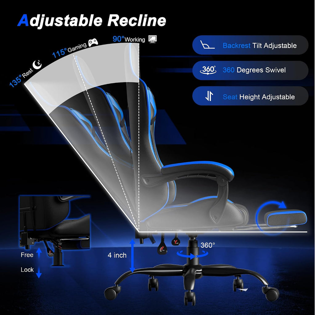 Gaming Chair, Ergonomic Computer Chair with Footrest Lumbar Support, Blue | 400 lbs Adult Chair, High Back, Height