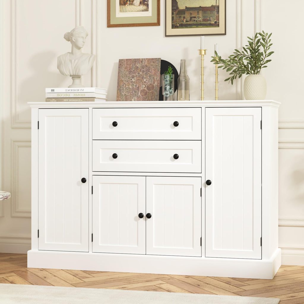 Farmhouse 47" Buffet Cabinet with Storage, Large Sideboard Buffet with Drawers and Adjustable Shelves, Rustic Coffee