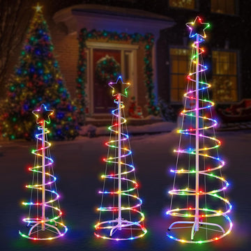 3 Packs Christmas Spiral Tree with Lights, 3/4/5 FT Lighted Xmas Collapsible Tree with Metal Stakes for Indoor &