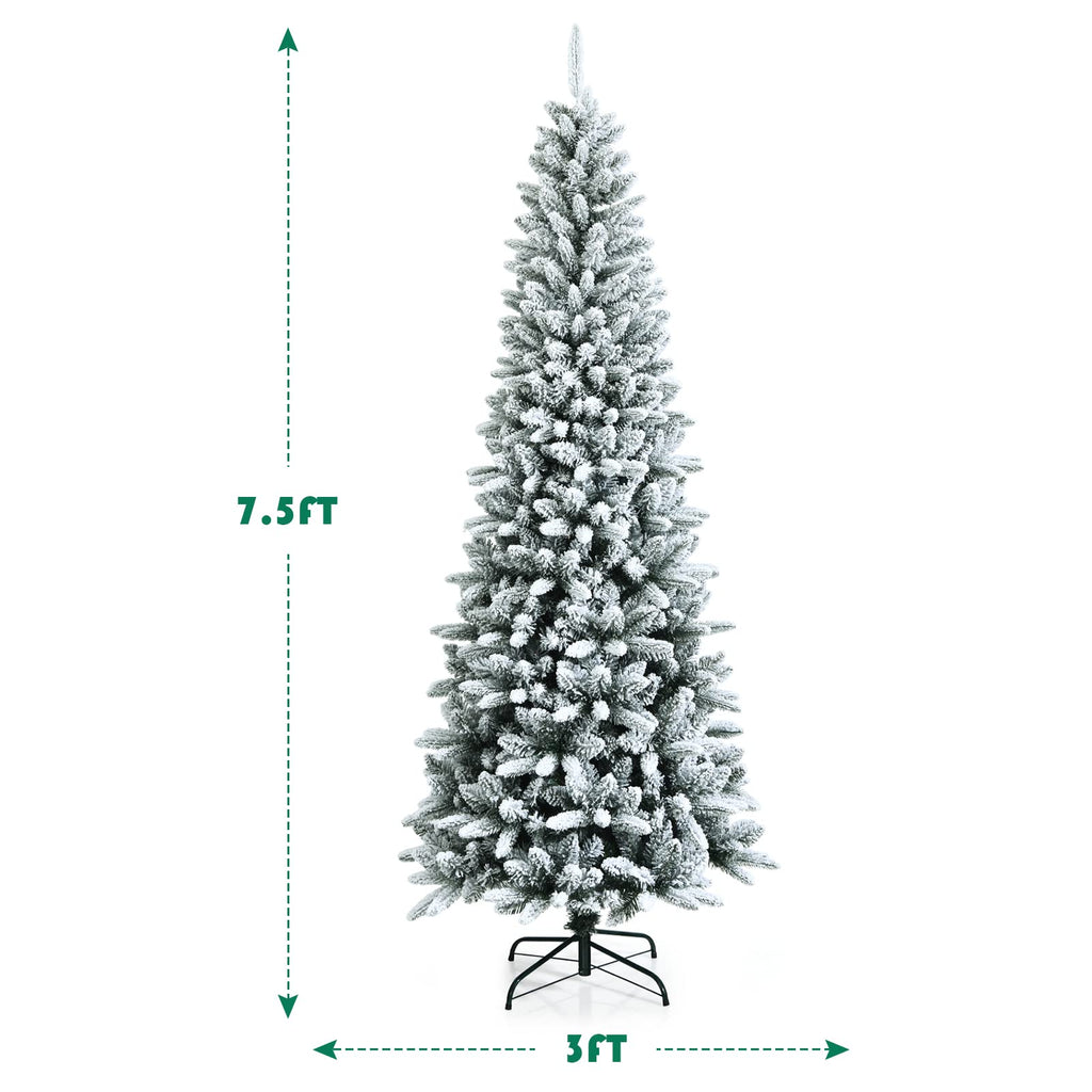 7.5ft Snow Flocked Pencil Christmas Tree with 1189 Branch Tips