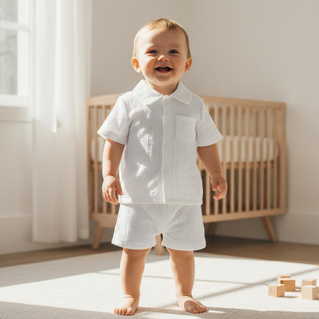 Toddler Boy Outfit Button Down Shirt Short Sleeve Tops Elastic Waist Shorts Solid Baby Clothes Summer Outfits