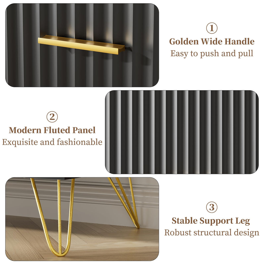 Fluted Dresser, 6 Drawer Black Dresser with Gold Handles, Modern Storage Dressers & Chests of Drawers