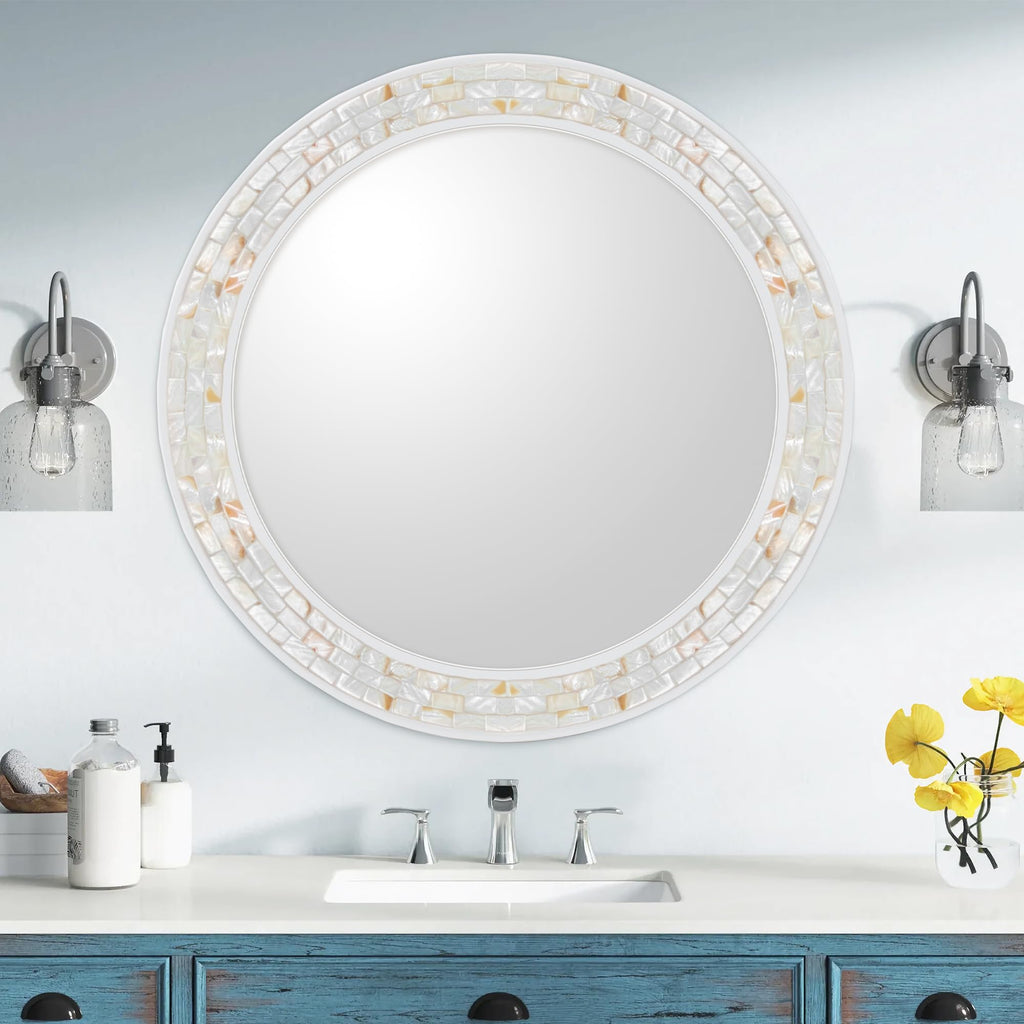 Round Bathroom Mirror 36 Inch, White Framed Mosaic Shell Mirrors