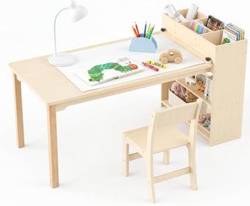 Kids Table and Chair Set, Wooden Toddler Activity Table with Storage Cabinet, Birch Art Desk for Drawing, Crafts
