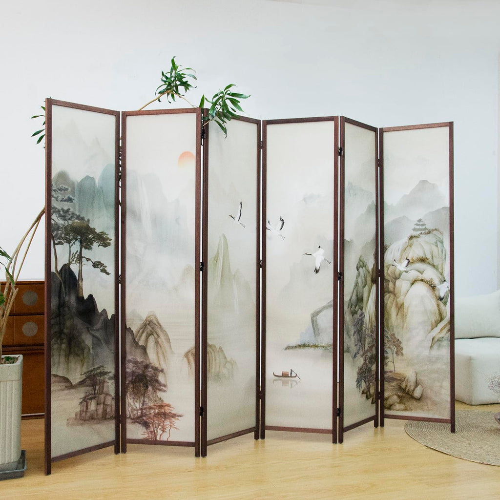 6 Panel Room Divider Screen, Double Faced Room Divider Folding Wall Divider for Room Separation, Mountains and Waters