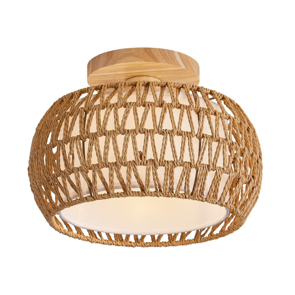 Rattan Boho Flush Mount Ceiling Light - 12′′ Bohemian Wicker Light Fixtures