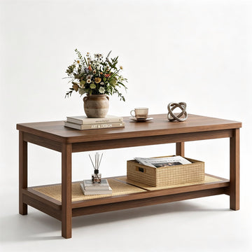 2-Tier Coffee Table with Rattan Storage Shelf, Walnut Brown