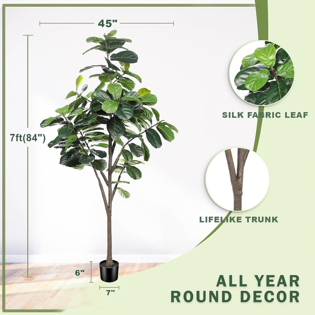 Faux Fiddle Leaf Fig Tree 7ft with Lifelike Leaves, Realistic Trunk