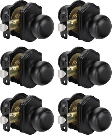 Matte Black Closet Door Knobs Interior No Lock, Passage Door Knobs Hallway, Black Door Knob Without Lock 6 Pack