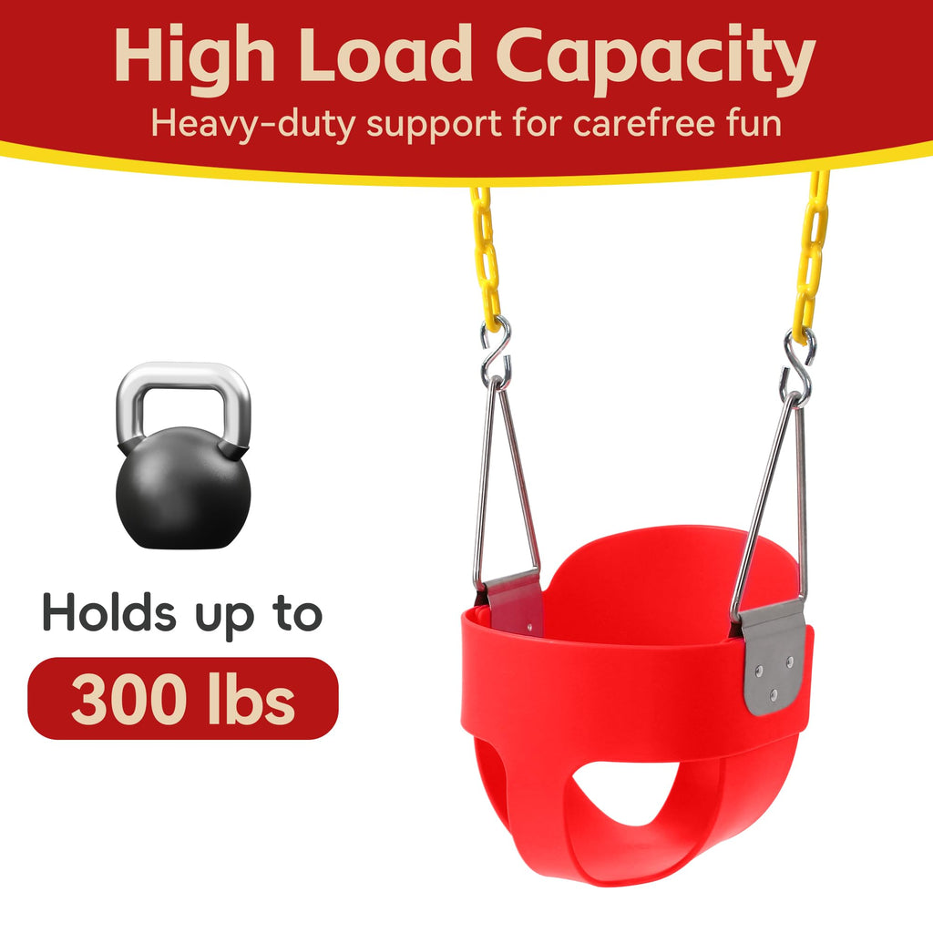 High Back Full Bucket Toddler Swing Seat with Finger Grip, Plastic Coated Chains and Carabiners for Easy Install
