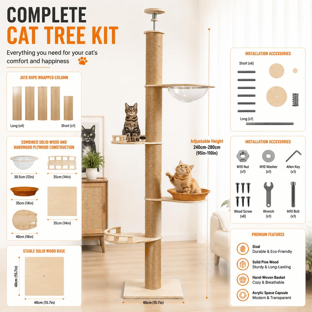 Floor to Ceiling Cat Tree for Indoor Cats, 7-9ft Adjustable Tall Cat Tower