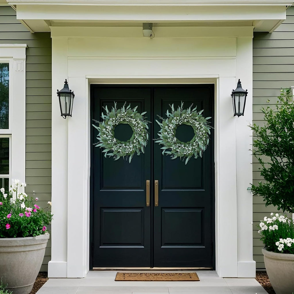 26" Large Artificial Eucalyptus & Flower Wreath for Front Door(Green-White)