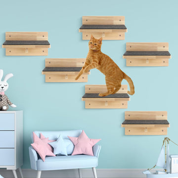 6 Set Cat Wall Shelves, Wood Cat Climbing Step, Wall Mounted, Classic